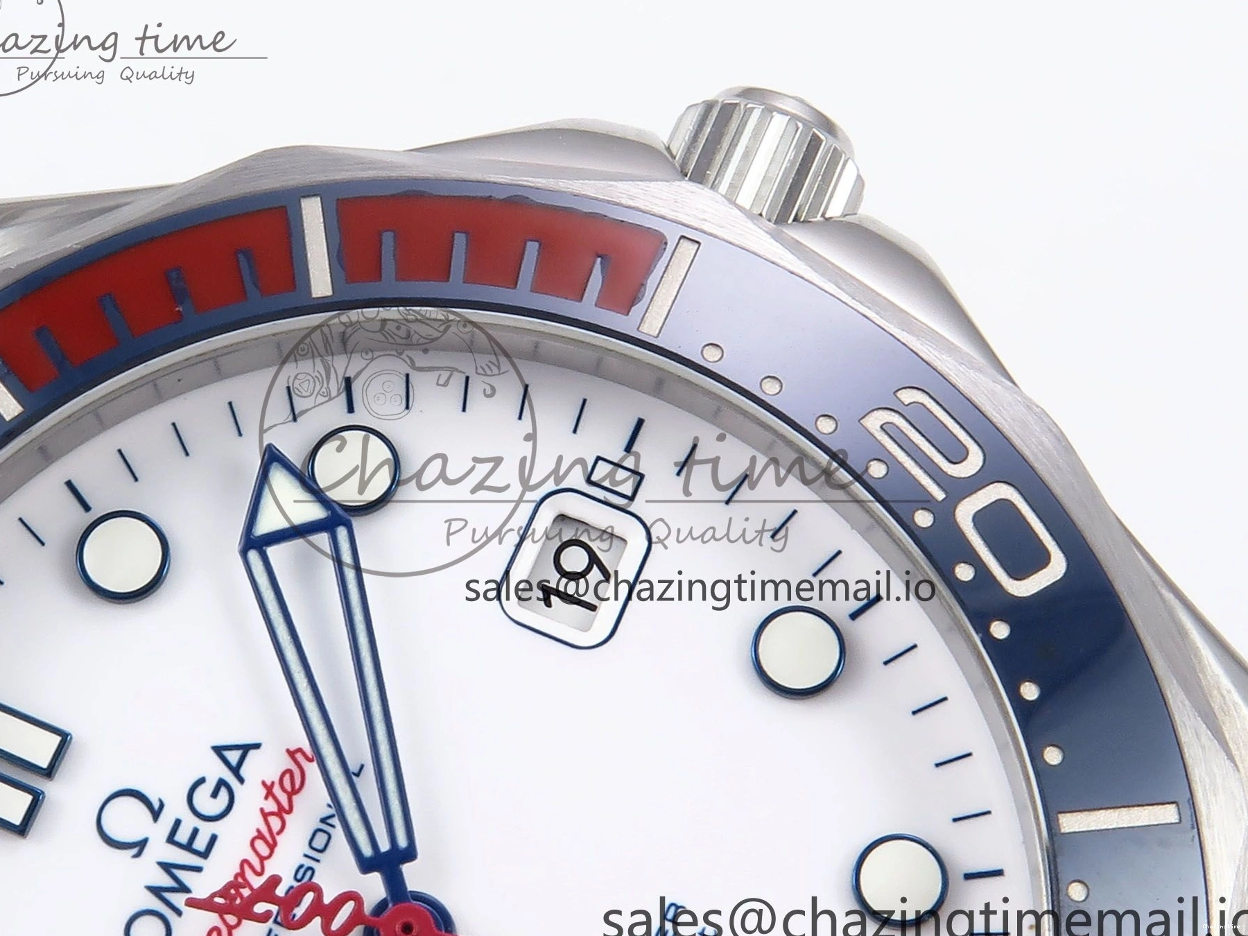 0409 HighQuality Seamaster Diver 300M OMF 1:1 Best Edition Blue Red Ceramic White Dial on SS Bracelet A 7705